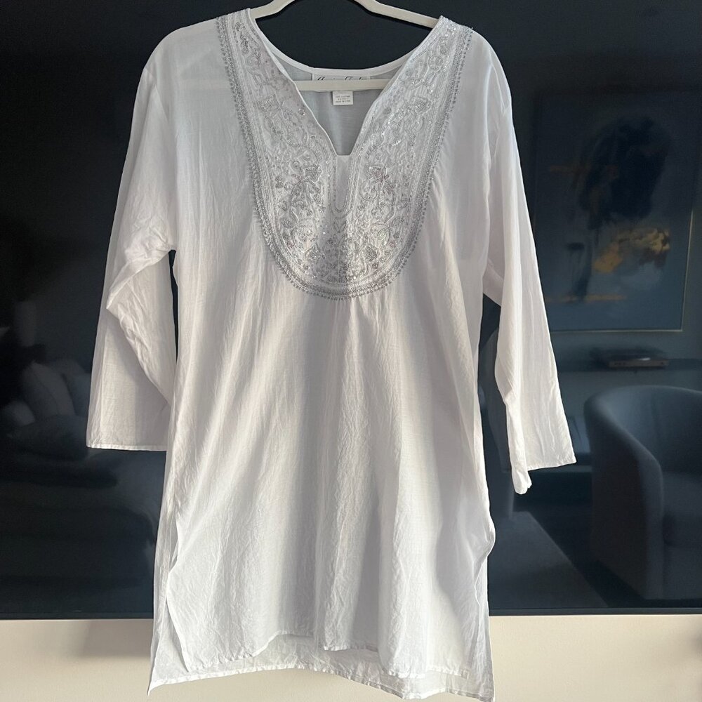 Jessica Taylor 100% Cotton White Embroidered Boho Tunic Top 3/4 Sleeve Large
